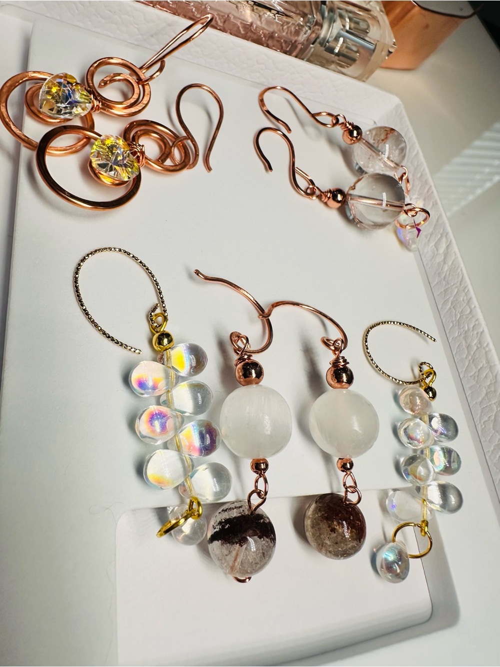 COPPER & SELENITE & QUARTZ & GLASS Drop Earrings - Set of 4